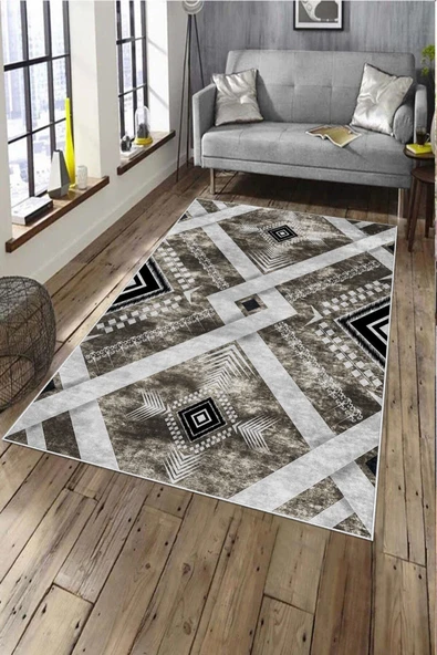 Makinede Yıkanabilir Leke Tutmaz  Kahverengi Deko Deri Kaymaz Taban Modern Salon Saçaksız Halı A175  KAHVERENGİ 100 x 300
