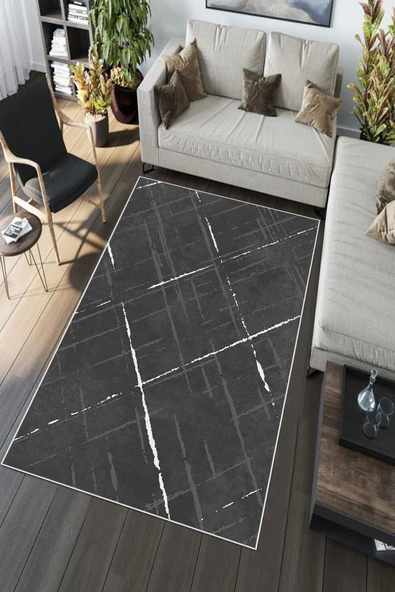 Makinede Yıkanabilir Leke Tutmaz  Antrasit Deko Deri Kaymaz Taban Modern Salon Saçaksız Halı A167 - 5
