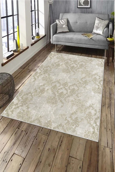 Makinede Yıkanabilir Leke Tutmaz  Krem Pvc Deri Kaymaz Taban Modern Salon Saçaksız Halı A159  KREM 180 x 280