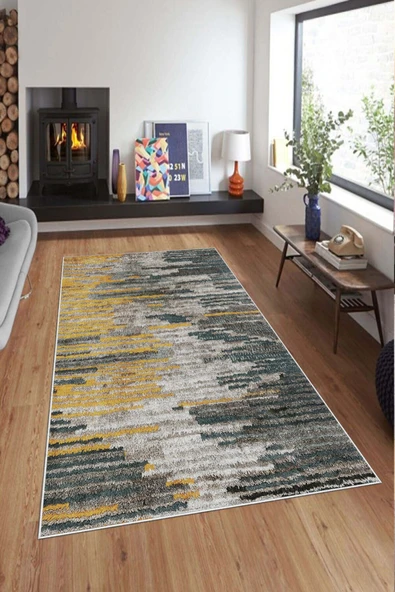 Makinede Yıkanabilir Leke Tutmaz  Yeşil Pvc Deri Kaymaz Taban Modern Salon Saçaksız Halı A162  YEŞİL 100 x 300 - 3