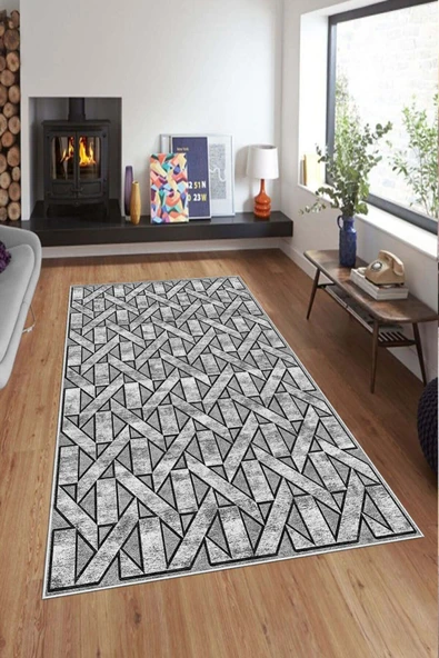 Makinede Yıkanabilir Leke Tutmaz  Gri Deko Deri Kaymaz Taban Tasarım Salon Saçaksız Halı A179  GRİ 180 x 280 - Resim 3