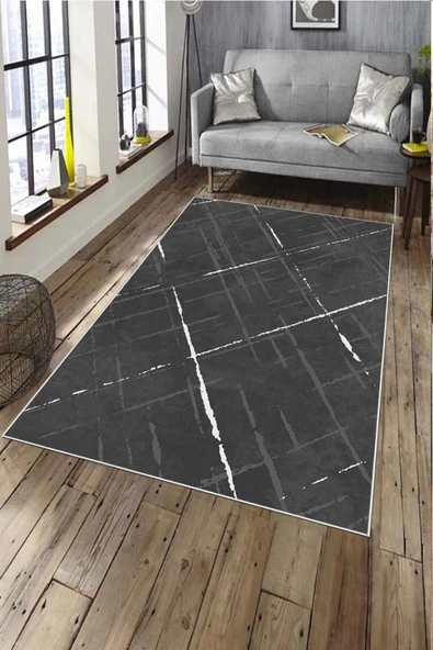 Makinede Yıkanabilir Leke Tutmaz  Antrasit Deko Deri Kaymaz Taban Modern Salon Saçaksız Halı A167  ANTRASİT 160 x 230