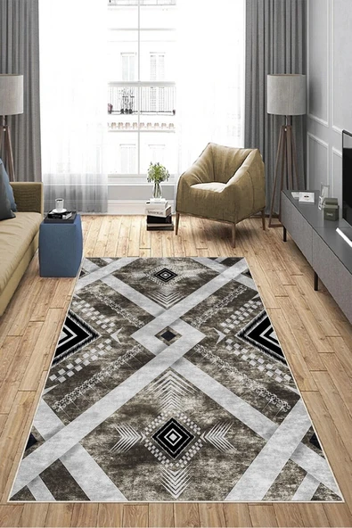 Makinede Yıkanabilir Leke Tutmaz  Kahverengi Deko Deri Kaymaz Taban Modern Salon Saçaksız Halı A175  KAHVERENGİ 100 x 300 - 4