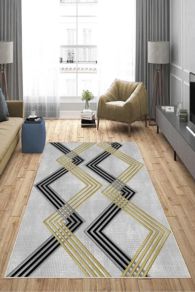 Makinede Yıkanabilir Leke Tutmaz  Gri Pvc Deri Kaymaz Taban Modern Salon Saçaksız Halı A170 - 4