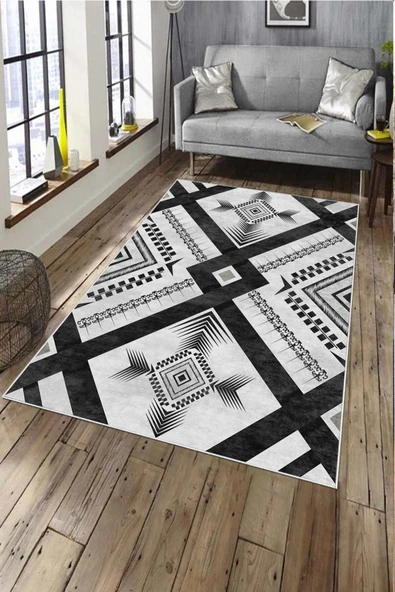 Makinede Yıkanabilir Leke Tutmaz  AçıkGri-Siyah Deko Deri Kaymaz Taban Modern Salon Saçaksız Halı A174  AÇIK GRİ-SİYAH 80 x 300