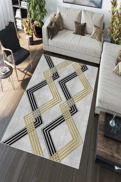 Makinede Yıkanabilir Leke Tutmaz  Gri Pvc Deri Kaymaz Taban Modern Salon Saçaksız Halı A170 - 5