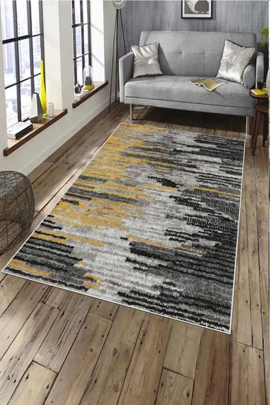 Makinede Yıkanabilir Leke Tutmaz  Siyah Pvc Deri Kaymaz Taban Modern Salon Saçaksız Halı A164