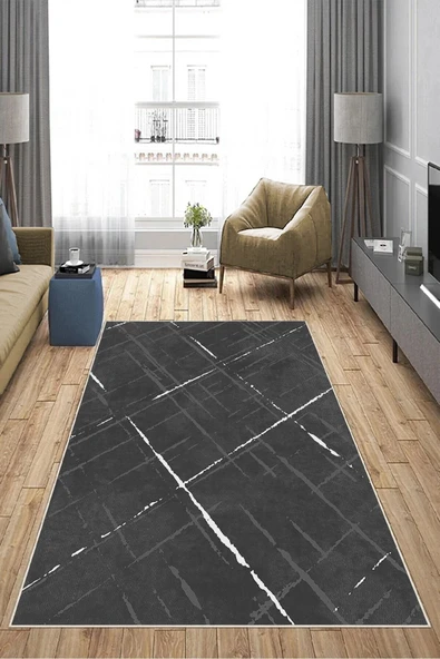 Makinede Yıkanabilir Leke Tutmaz  Antrasit Deko Deri Kaymaz Taban Modern Salon Saçaksız Halı A167 - 4