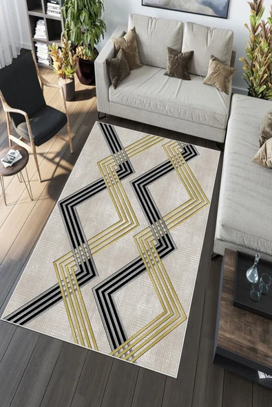 Makinede Yıkanabilir Leke Tutmaz  Krem Pvc Deri Kaymaz Taban Modern Salon Saçaksız Halı A168  KREM 160 x 230 - 5