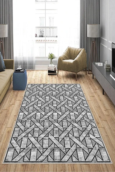 Makinede Yıkanabilir Leke Tutmaz  Gri Deko Deri Kaymaz Taban Tasarım Salon Saçaksız Halı A179  GRİ 180 x 280 - Resim 4