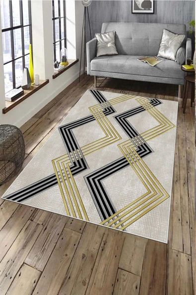 Makinede Yıkanabilir Leke Tutmaz  Krem Deko Deri Kaymaz Taban Modern Salon Saçaksız Halı A168  KREM 200 x 300