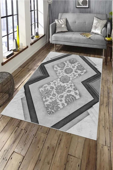 Makinede Yıkanabilir Leke Tutmaz  Antrasit-Gri Deko Deri Kaymaz Taban Modern Salon Saçaksız Halı A182  ANTRASİT-GRİ 200 x 300
