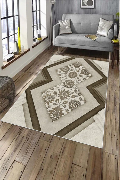 Makinede Yıkanabilir Leke Tutmaz  Kahverengi Deko Deri Kaymaz Taban Modern Salon Saçaksız Halı A180  KAHVERENGİ 200 x 300
