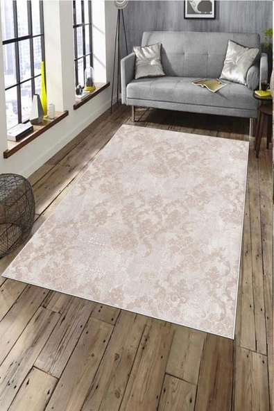 Makinede Yıkanabilir Leke Tutmaz  Pudra Pvc Deri Kaymaz Taban Modern Salon Saçaksız Halı A160  PUDRA 120 x 180