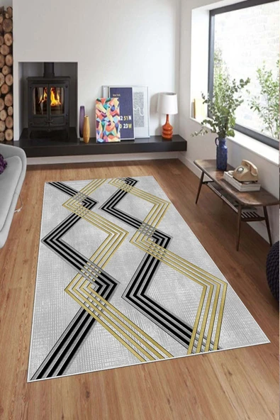 Makinede Yıkanabilir Leke Tutmaz  Gri Pvc Deri Kaymaz Taban Modern Salon Saçaksız Halı A170 - 10