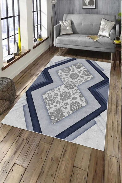 Makinede Yıkanabilir Leke Tutmaz  Lacivert Deko Deri Kaymaz Taban Modern Salon Saçaksız Halı A181  LACİVERT 100 x 200