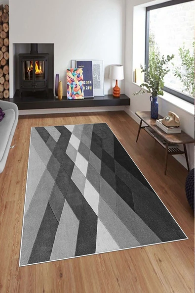 Makinede Yıkanabilir Leke Tutmaz  Gri Deko Deri Kaymaz Taban Modern Salon Saçaksız Halı A185  100 x 300 GRİ - Resim 3