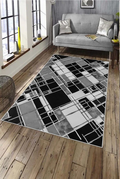 Makinede Yıkanabilir Leke Tutmaz  Gri Deko Deri Kaymaz Taban Avangart Salon Saçaksız Halı A206  GRİ 80 x 200