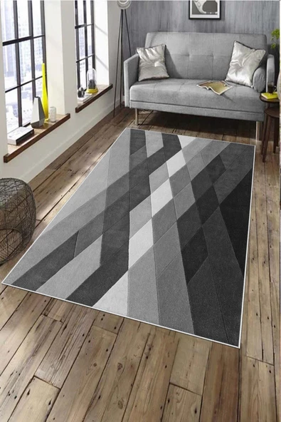 Makinede Yıkanabilir Leke Tutmaz  Gri Deko Deri Kaymaz Taban Modern Salon Saçaksız Halı A185  100 x 300 GRİ ürün görseli