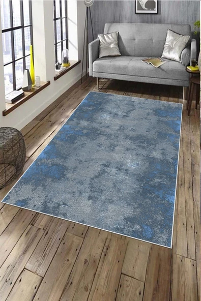 Makinede Yıkanabilir Leke Tutmaz  Mavi Deko Deri Kaymaz Taban Vintage Salon Saçaksız Halı A208  MAVİ 200 x 300