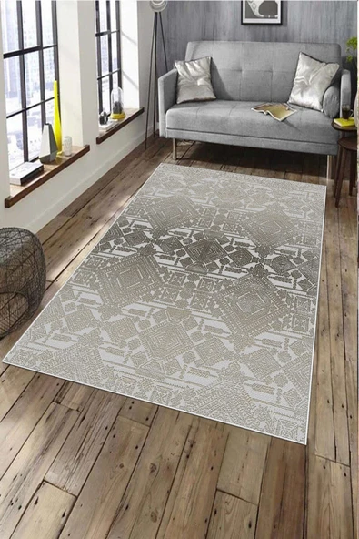 Makinede Yıkanabilir Leke Tutmaz  Krem Deko Deri Kaymaz Taban Tasarım Salon Saçaksız Halı A196  KREM 80 x 150
