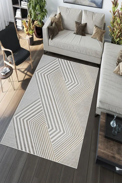 Makinede Yıkanabilir Leke Tutmaz  Vizon Deko Deri Kaymaz Taban Modern Salon Saçaksız Halı A186 - Resim 5