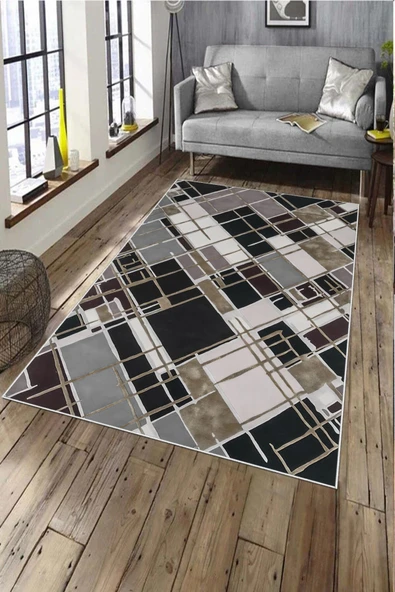 Makinede Yıkanabilir Leke Tutmaz  Kahverengi Deko Deri Kaymaz Taban Avangart Salon Saçaksız Halı A204  KAHVERENGİ 100 x 300