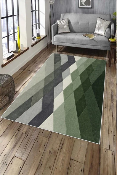 Makinede Yıkanabilir Leke Tutmaz  Yeşil Pvc Deri Kaymaz Taban Modern Salon Saçaksız Halı A184  YEŞİL 80 x 300