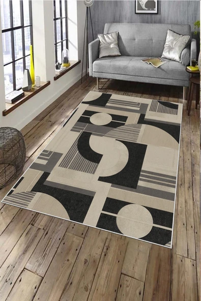Makinede Yıkanabilir Leke Tutmaz  Bej Pvc Deri Kaymaz Taban Modern Tasarım Salon Saçaksız Halı A198  BEJ 80 x 300