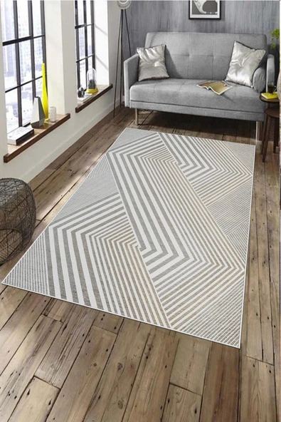 Makinede Yıkanabilir Leke Tutmaz  Vizon Deko Deri Kaymaz Taban Modern Salon Saçaksız Halı A186 - Resim 8