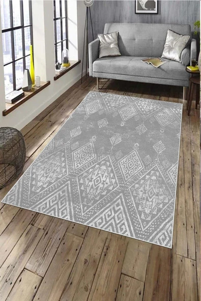 Makinede Yıkanabilir Leke Tutmaz  Gri Deko Deri Kaymaz Taban Modern Salon Saçaksız Halı A194  GRİ 80 x 300