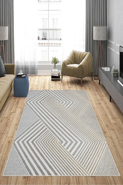 Makinede Yıkanabilir Leke Tutmaz  Vizon Deko Deri Kaymaz Taban Modern Salon Saçaksız Halı A186 - Resim 4