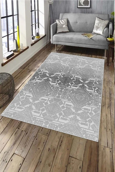 Makinede Yıkanabilir Leke Tutmaz  Gri Pvc Deri Kaymaz Taban Tasarım Salon Saçaksız Halı A197  GRİ 80 x 300