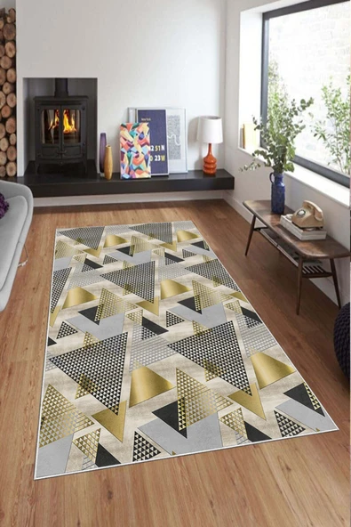Makinede Yıkanabilir Leke Tutmaz  Gold Deko Deri Kaymaz Taban Avangart Salon Saçaksız Halı A202  GOLD 200 x 300 - 3