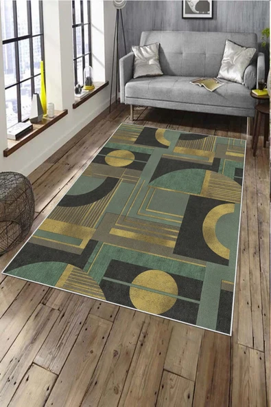 Makinede Yıkanabilir Leke Tutmaz  Yeşil Deko Deri Kaymaz Taban Modern Tasarım Salon Saçaksız Halı A199  YEŞİL 120 x 180