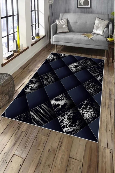 Makinede Yıkanabilir Leke Tutmaz  Lacivert Deko Deri Kaymaz Taban Tasarım Salon Saçaksız Halı A211  LACİVERT 80 x 300