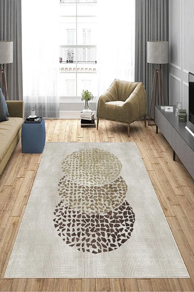 Makinede Yıkanabilir Leke Tutmaz  Krem Deko Deri Kaymaz Taban Modern Salon Saçaksız Halı A219  KREM 80 x 200 - Resim 4