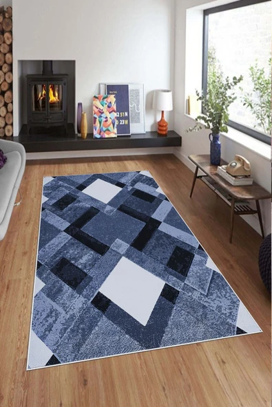Makinede Yıkanabilir Leke Tutmaz  Mavi-Lacivert Pvc Deri Kaymaz Taban Modern Salon Saçaksız Halı A229  MAVİ-LACİVERT 80 x 150 - 3