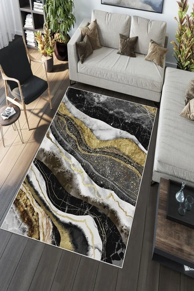 Makinede Yıkanabilir Leke Tutmaz  Gold Pvc Deri Kaymaz Taban Bohem Salon Saçaksız Halı A213  GOLD 100 x 300 - 5