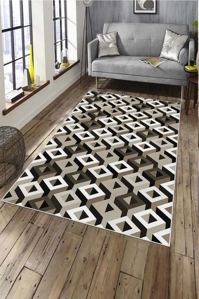 Makinede Yıkanabilir Leke Tutmaz  Kahverengi Deko Deri Kaymaz Taban Simetrik Salon Saçaksız Halı A231  KAHVERENGİ 180 x 280
