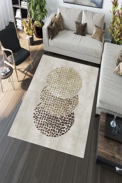 Makinede Yıkanabilir Leke Tutmaz  Krem Deko Deri Kaymaz Taban Modern Salon Saçaksız Halı A219  KREM 80 x 200 - Resim 5