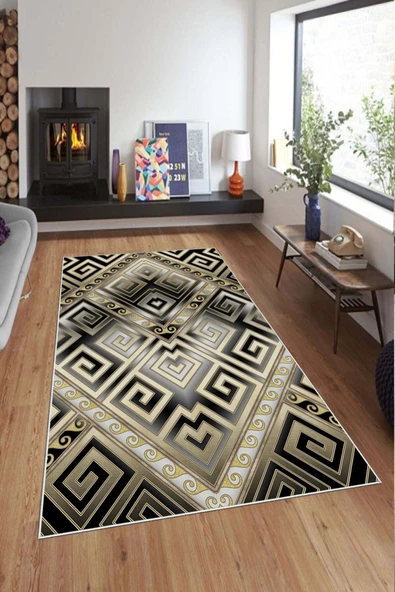 Makinede Yıkanabilir Leke Tutmaz  Gold Deko Deri Kaymaz Taban Tasarım Modern Salon Saçaksız Halı A226  GOLD 100 x 300 - 3