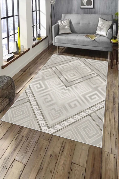 Makinede Yıkanabilir Leke Tutmaz  Bej Deko Deri Kaymaz Taban Tasarım Modern Salon Saçaksız Halı A225  BEJ 80 x 200