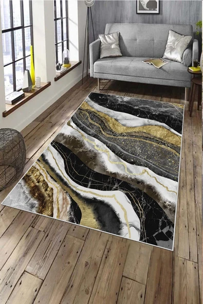 Makinede Yıkanabilir Leke Tutmaz  Gold Pvc Deri Kaymaz Taban Bohem Salon Saçaksız Halı A213  GOLD 80 x 150