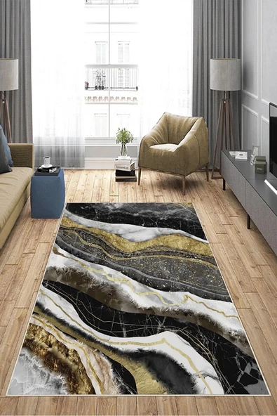 Makinede Yıkanabilir Leke Tutmaz  Gold Pvc Deri Kaymaz Taban Bohem Salon Saçaksız Halı A213  GOLD 100 x 300 - 4
