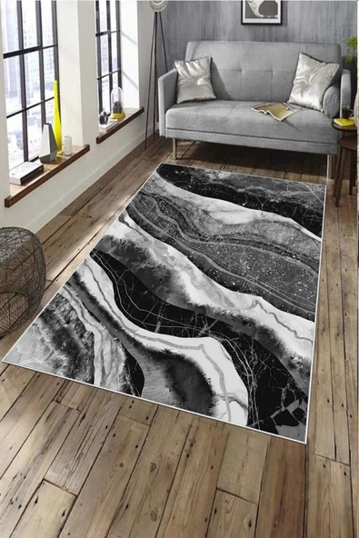 Makinede Yıkanabilir Leke Tutmaz  Gri Pvc Deri Kaymaz Taban Bohem Salon Saçaksız Halı A215  GRİ 160 x 230