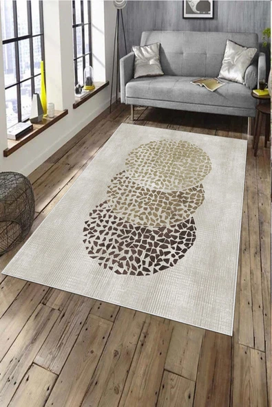 Makinede Yıkanabilir Leke Tutmaz  Krem Pvc Deri Kaymaz Taban Modern Salon Saçaksız Halı A219  80 x 200 KREM