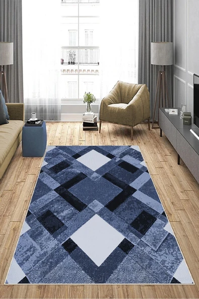 Makinede Yıkanabilir Leke Tutmaz  Mavi-Lacivert Pvc Deri Kaymaz Taban Modern Salon Saçaksız Halı A229  MAVİ-LACİVERT 80 x 150 - 4