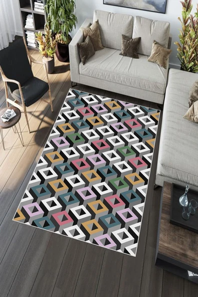 Makinede Yıkanabilir Leke Tutmaz  Multi Deko Deri Kaymaz Taban Simetrik Salon Saçaksız Halı A232  MULTİ 160 x 230 - Resim 5