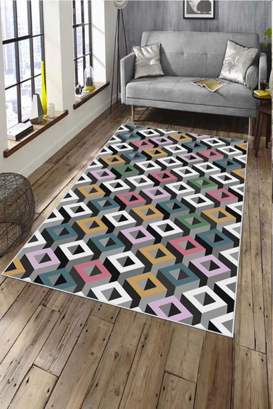 Makinede Yıkanabilir Leke Tutmaz  Multi Deko Deri Kaymaz Taban Simetrik Salon Saçaksız Halı A232  MULTİ 160 x 230